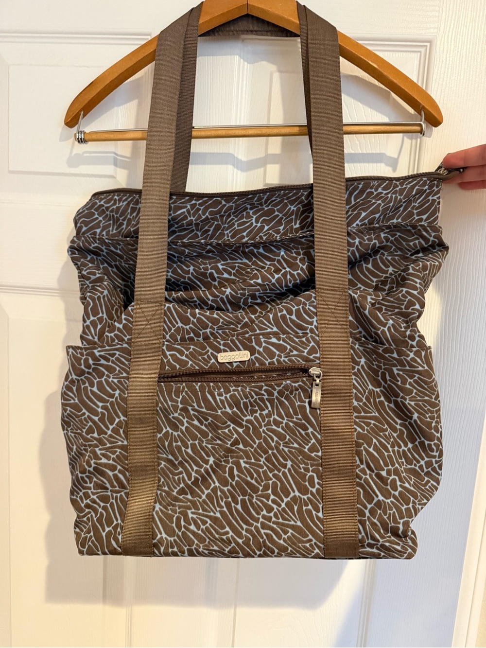 Baggallini Expandable Brown Tote with Light Blue Abstract Print